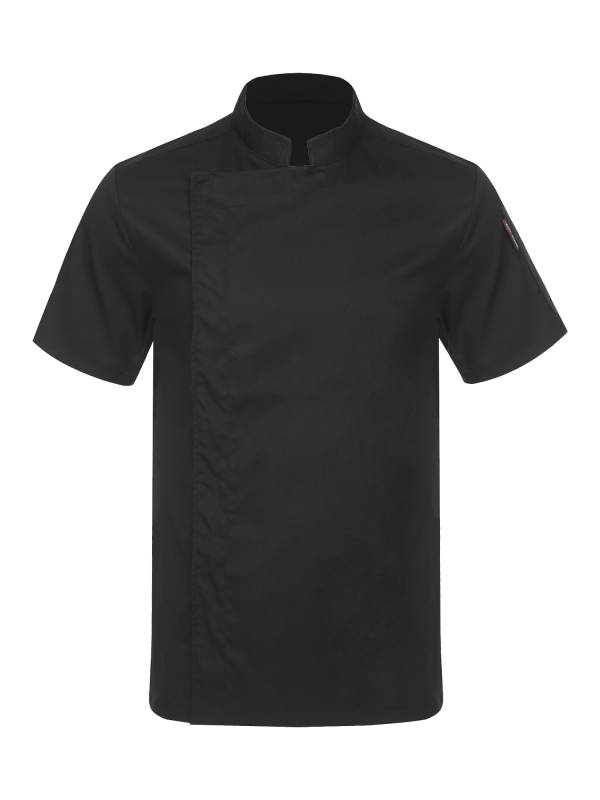 Men Stand Collar Short Sleeve Solid Color Chef Shirt thumb