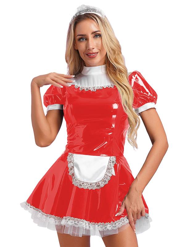 Women A-line Short Sleeve Glossy Patent Leather Maid Dress with Headband thumb