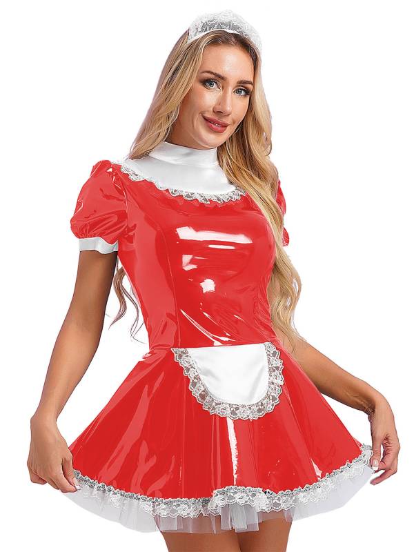 Women A-line Short Sleeve Glossy Patent Leather Maid Dress with Headband thumb