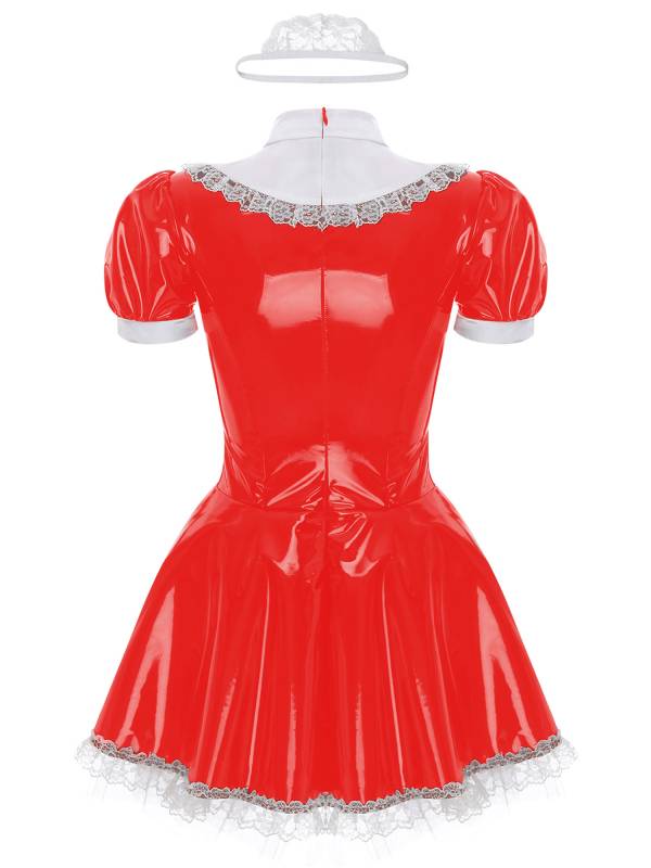 Women A-line Short Sleeve Glossy Patent Leather Maid Dress with Headband thumb