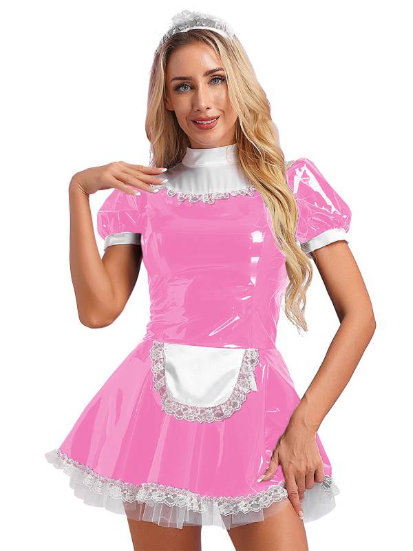 Women A-line Short Sleeve Glossy Patent Leather Maid Dress with Headband thumb