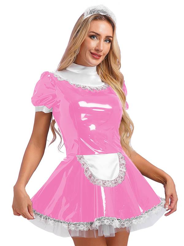 Women A-line Short Sleeve Glossy Patent Leather Maid Dress with Headband thumb