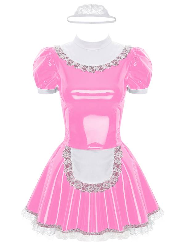 Women A-line Short Sleeve Glossy Patent Leather Maid Dress with Headband thumb