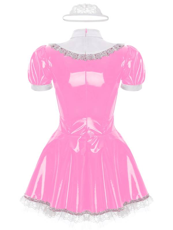 Women A-line Short Sleeve Glossy Patent Leather Maid Dress with Headband thumb