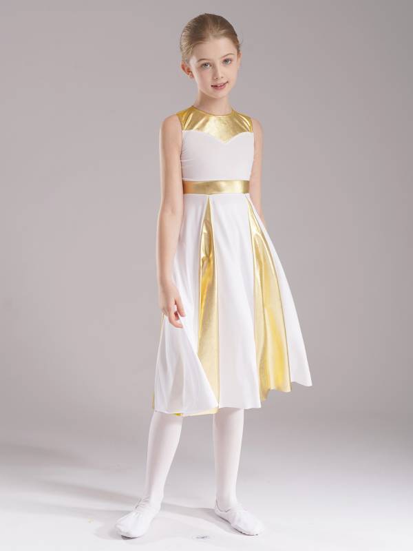 Kids Girls Sleeveless Metallic Color Block A-line Worship Dance Dress thumb