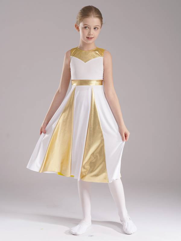 Kids Girls Sleeveless Metallic Color Block A-line Worship Dance Dress thumb