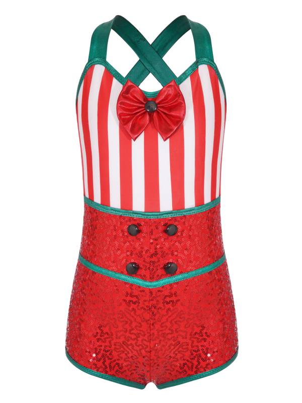 Kids Girls Cross Straps Stripes Sequins Bowknot Christmas Romper thumb