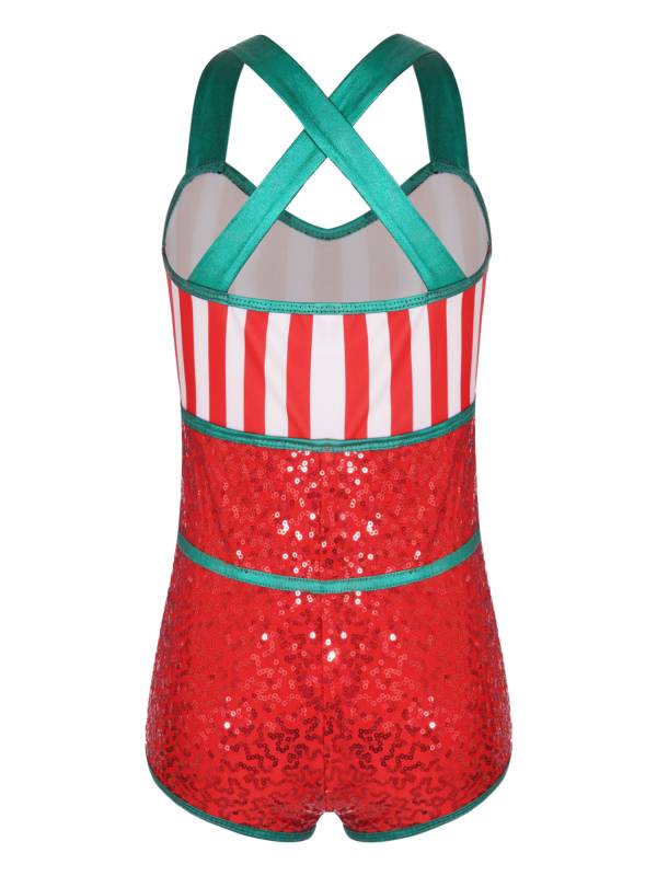 Kids Girls Cross Straps Stripes Sequins Bowknot Christmas Romper thumb