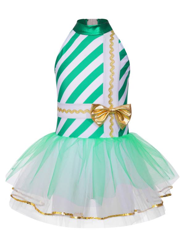 Kids Girls Christmas Sleeveless Halter Neck Striped Tutu Dress thumb