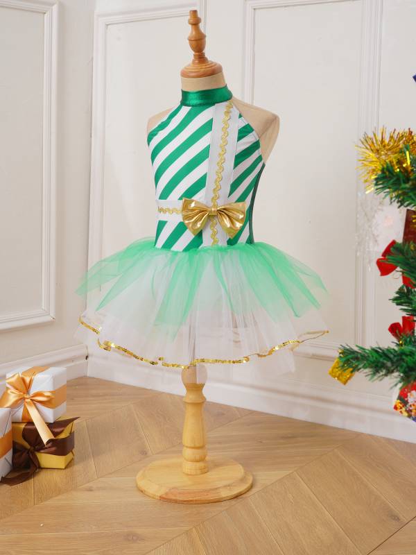 Kids Girls Christmas Sleeveless Halter Neck Striped Tutu Dress thumb