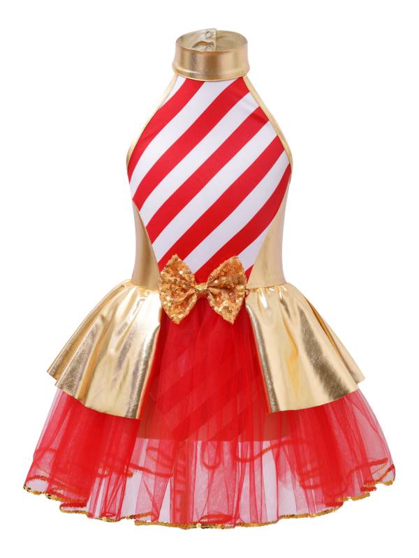 Kids Girls Christmas Metallic Halter Neck Sequin Bow Striped Tutu Dress thumb