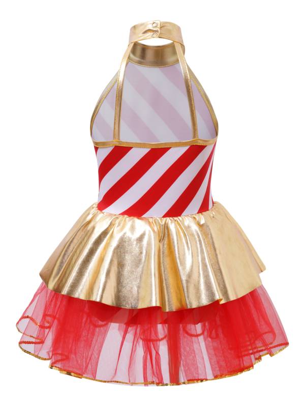 Kids Girls Christmas Metallic Halter Neck Sequin Bow Striped Tutu Dress thumb