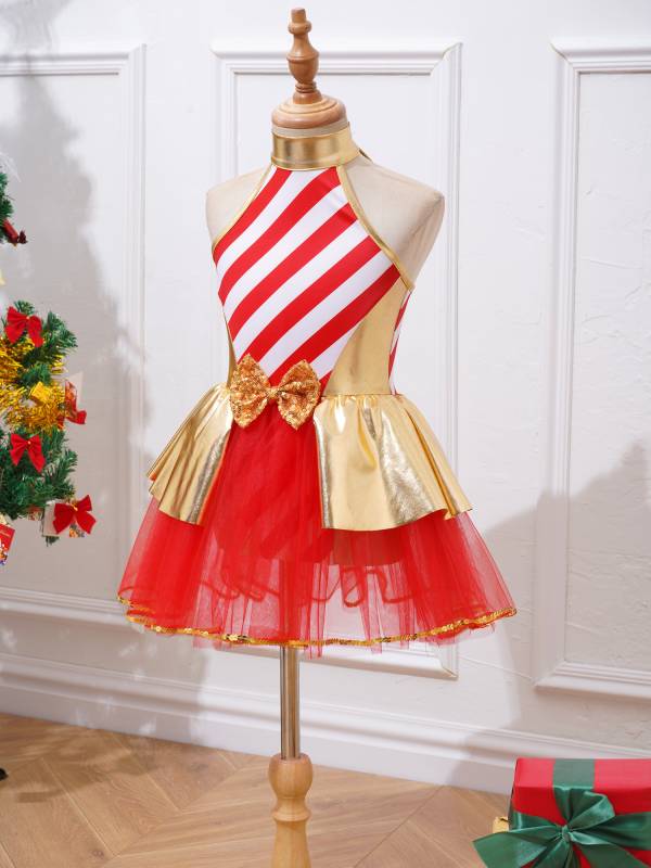 Kids Girls Christmas Metallic Halter Neck Sequin Bow Striped Tutu Dress thumb