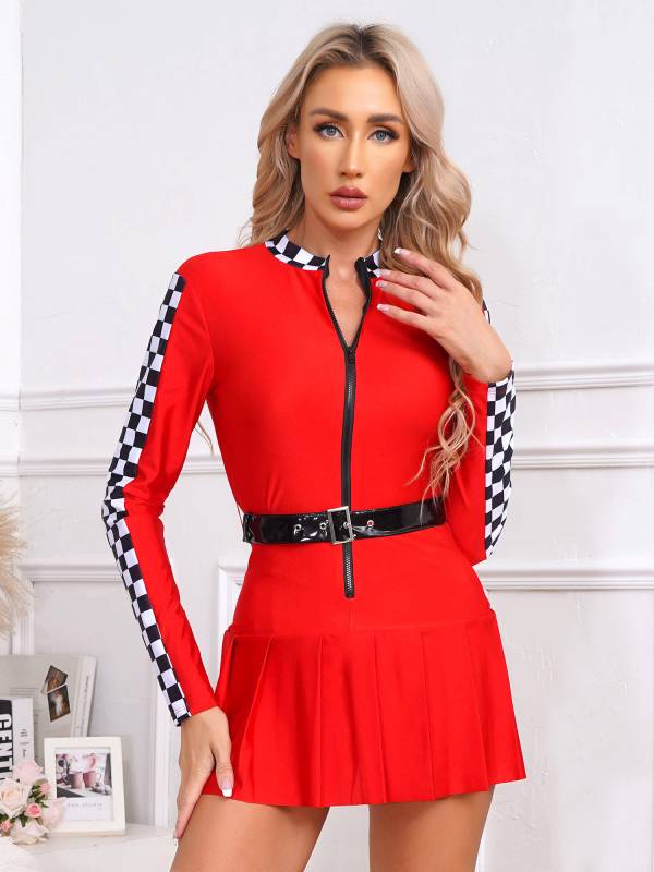 Women Long Sleeve Front Zipper Checkerboard Racer Dress with Belt thumb