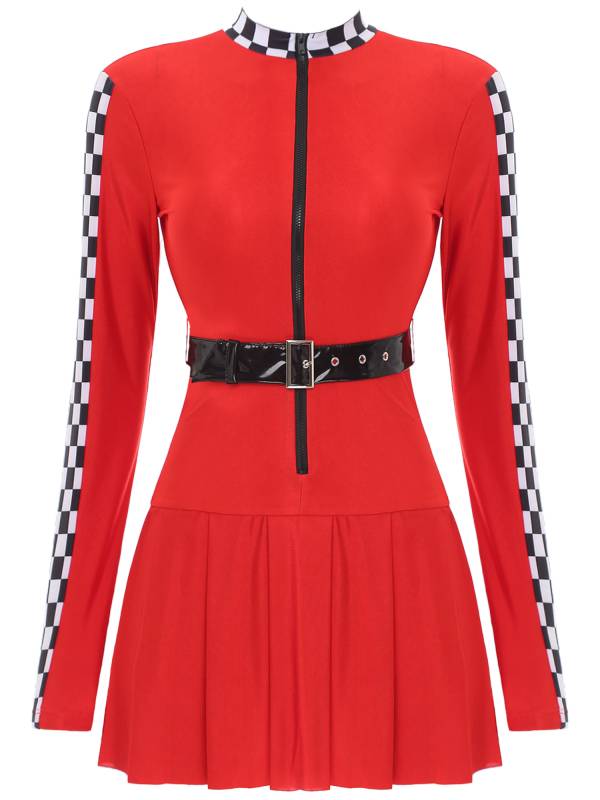 Women Long Sleeve Front Zipper Checkerboard Racer Dress with Belt thumb