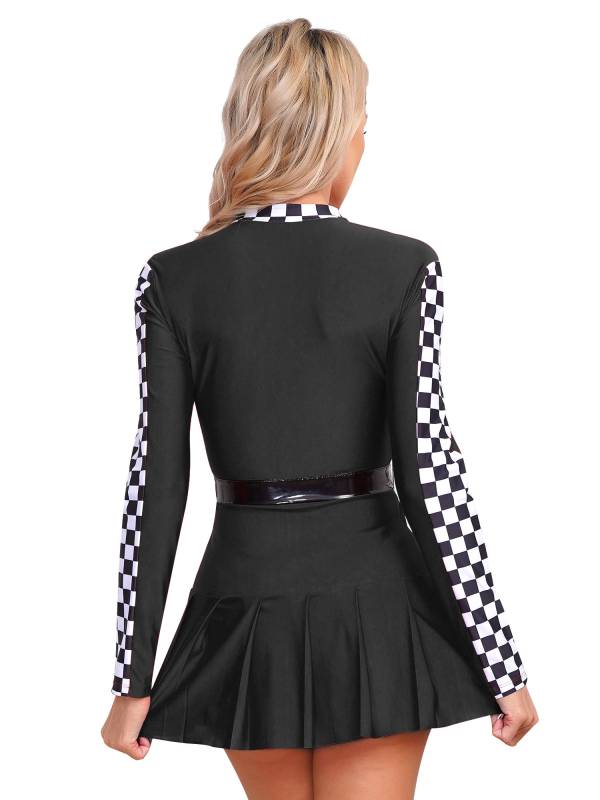 Women Long Sleeve Front Zipper Checkerboard Racer Dress with Belt thumb