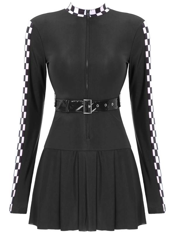 Women Long Sleeve Front Zipper Checkerboard Racer Dress with Belt thumb