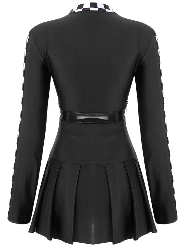 Women Long Sleeve Front Zipper Checkerboard Racer Dress with Belt thumb