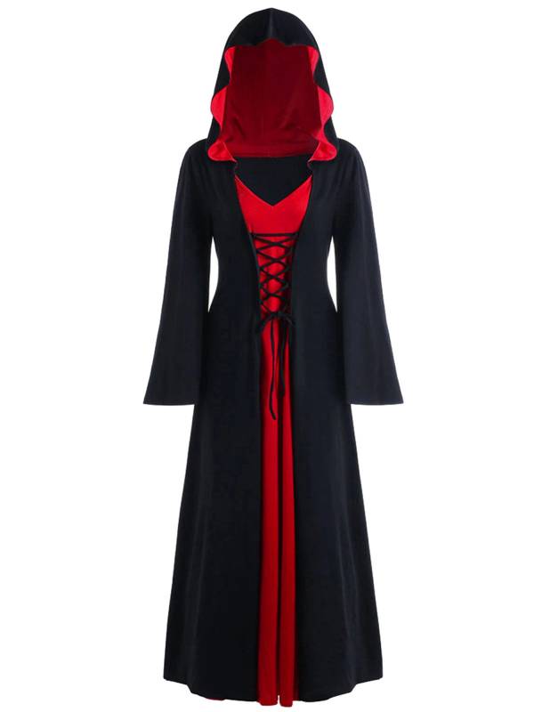 Women Lace-up V Neck Long Sleeve Hooded Dress Halloween Witch Costume thumb