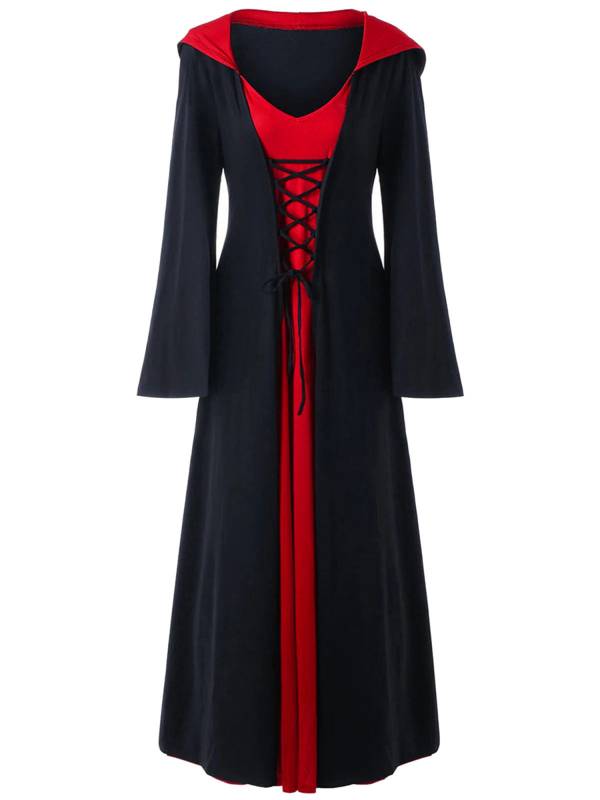 Women Lace-up V Neck Long Sleeve Hooded Dress Halloween Witch Costume thumb