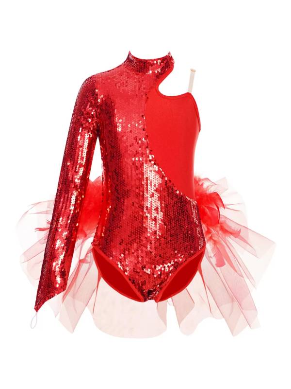 Kids Girls Sparkly Sequins Long Sleeve Jazz Dance Leotard thumb