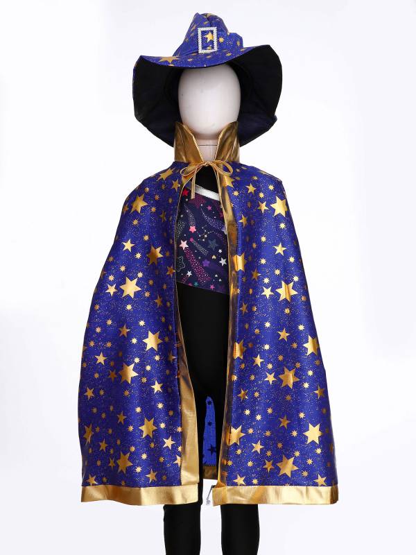 Kids Metallic Star Lace-Up Halloween Wizard Cloak with Hat thumb