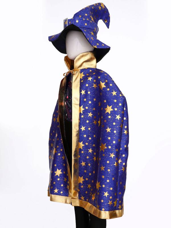 Kids Metallic Star Lace-Up Halloween Wizard Cloak with Hat thumb