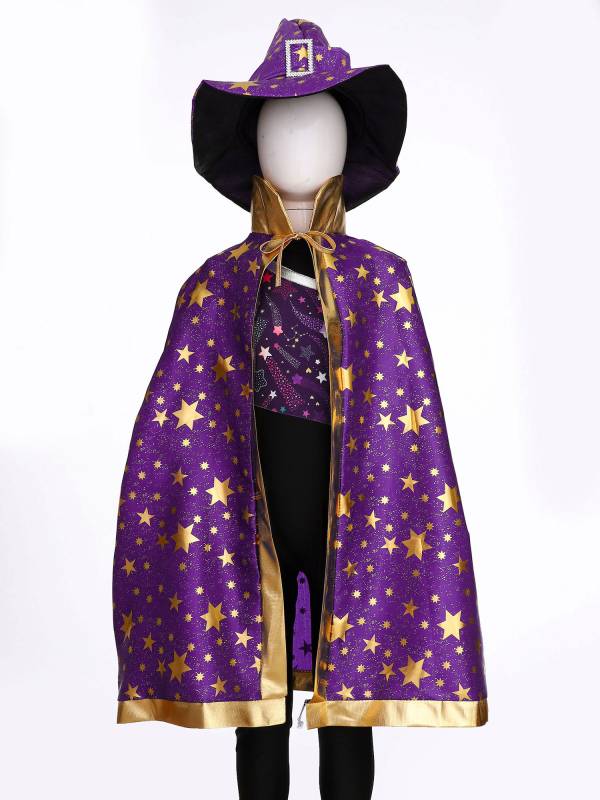 Kids Metallic Star Lace-Up Halloween Wizard Cloak with Hat thumb