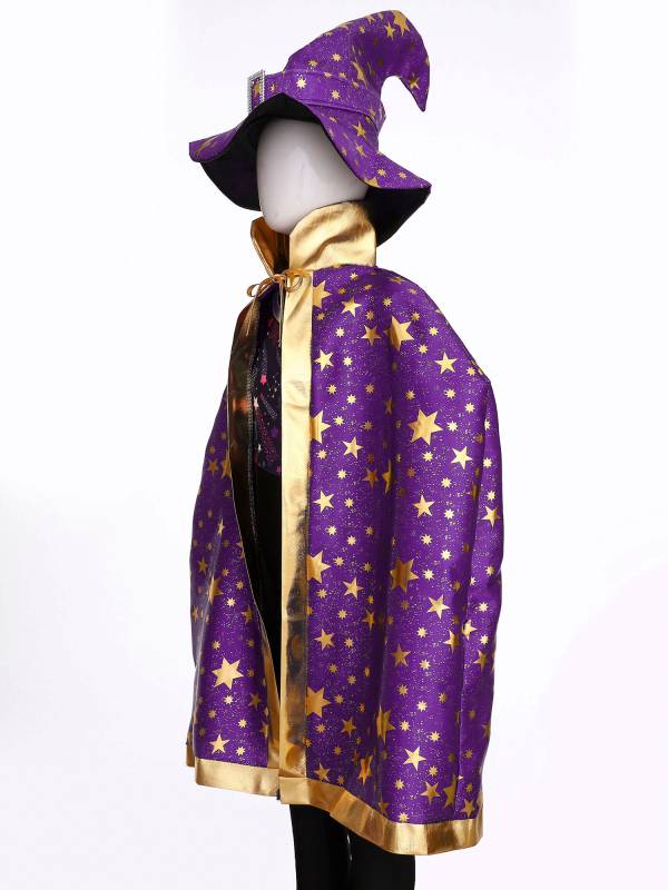 Kids Metallic Star Lace-Up Halloween Wizard Cloak with Hat thumb