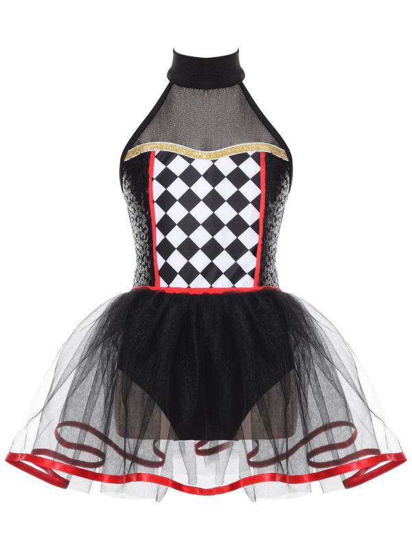 Kids Girls Halloween Clown Costume Halter Neck Checkerboard Sequins Tutu Dress thumb