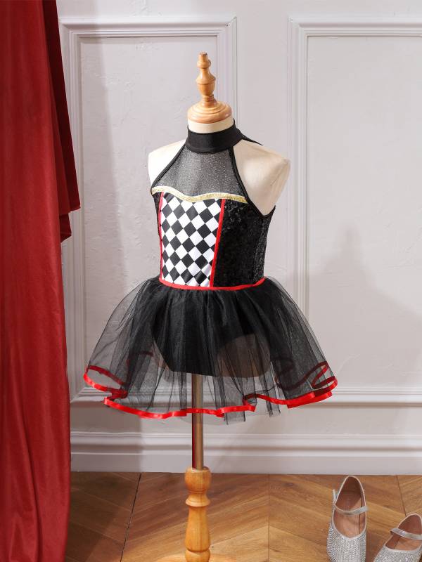 Kids Girls Halloween Clown Costume Halter Neck Checkerboard Sequins Tutu Dress thumb