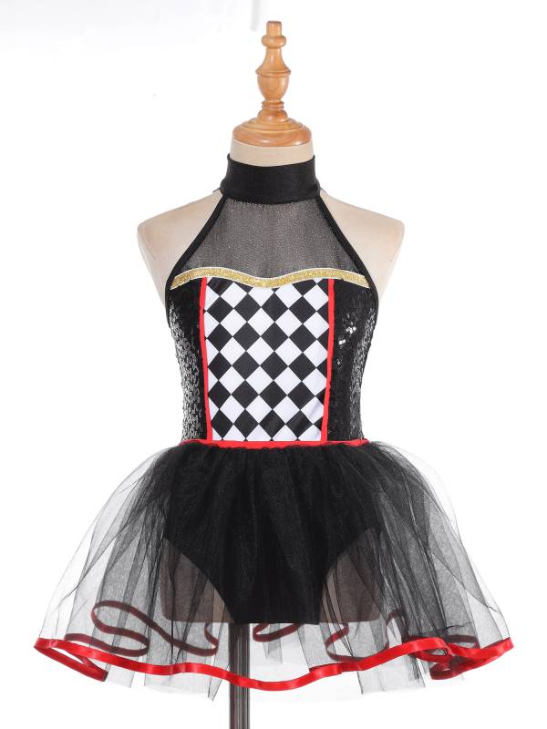 Kids Girls Halloween Clown Costume Halter Neck Checkerboard Sequins Tutu Dress thumb