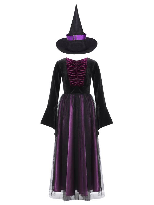 Kids Girls Long Sleeve A-line Halloween Witch Cosplay Dress with Hat thumb