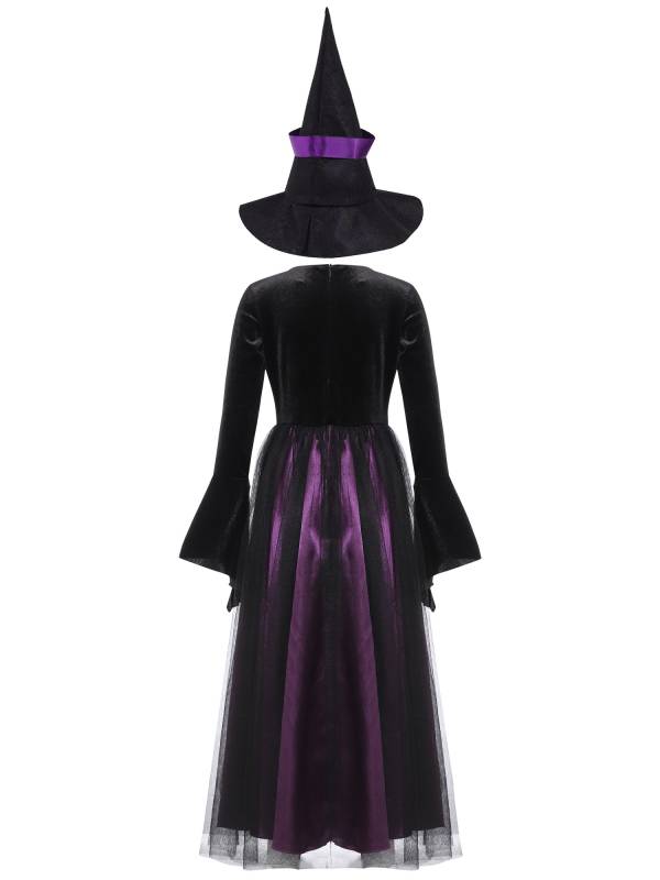 Kids Girls Long Sleeve A-line Halloween Witch Cosplay Dress with Hat thumb