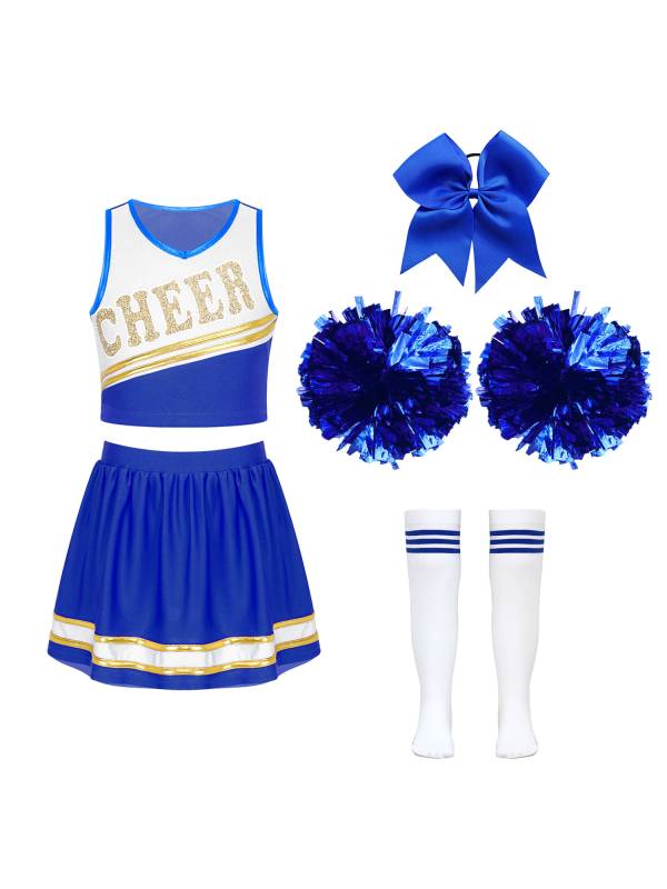 Kids Girls 7pcs Sleeveless Letter Print Crop Top and Skirt Cheerleading Set thumb