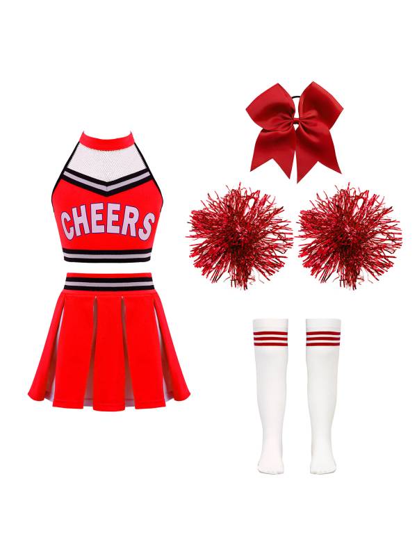 Kids Girls Halter Neck Letter Print Crop Top and Pleated Skirt Cheerleading Set thumb