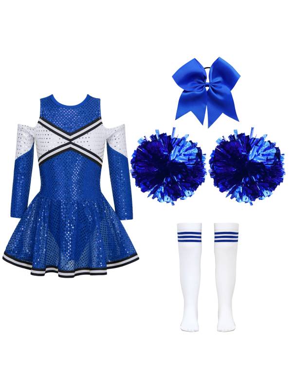 Kids Girls Long Sleeve Off-Shoulder Sequins Cheerleading Dress with Socks thumb