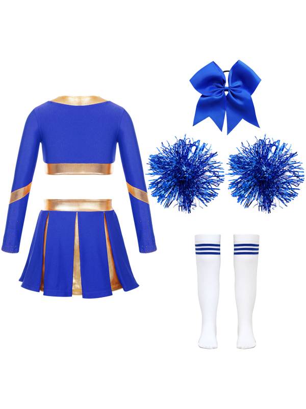 Kids Girls Long Sleeve Crop Top with Pleated Skirt Cheerleading Sets thumb