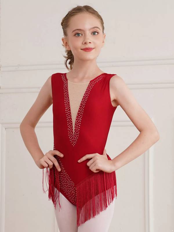 Kids Girls Sleeveless Rhinestones Tassel Rhythmic Gymnastics Leotard thumb