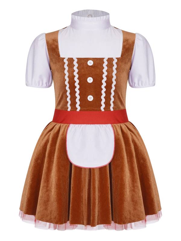 Kids Girls Christmas Gingerbread Man Costume Short Sleeve Velvet Tutu Dress thumb