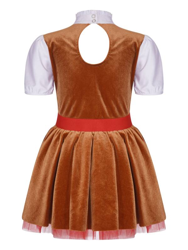 Kids Girls Christmas Gingerbread Man Costume Short Sleeve Velvet Tutu Dress thumb