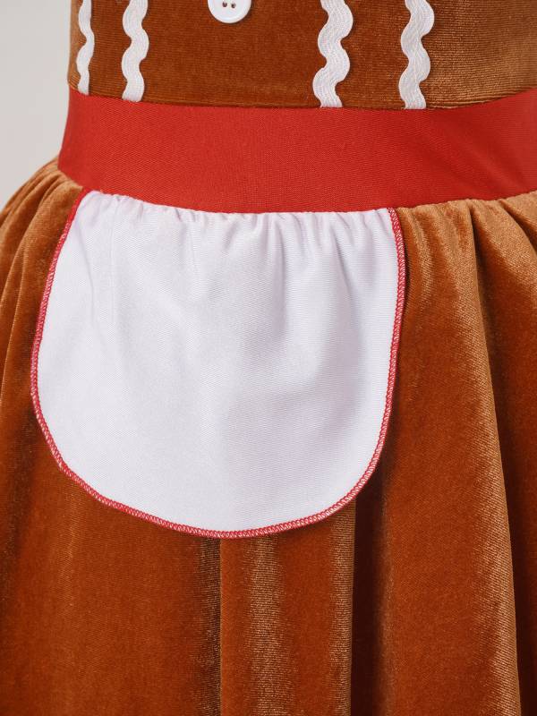 Kids Girls Christmas Gingerbread Man Costume Short Sleeve Velvet Tutu Dress thumb