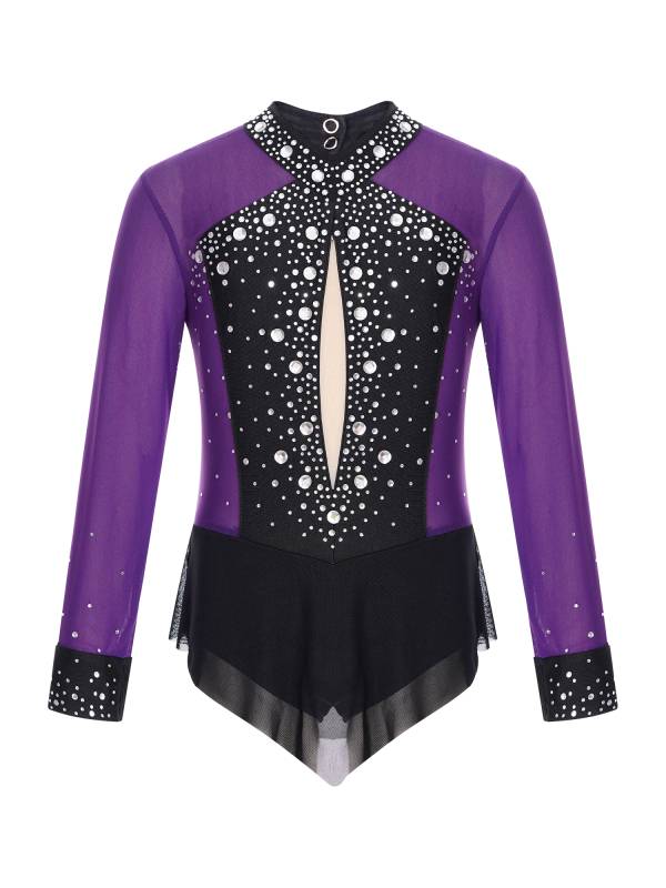 Kids Girls Long Sleeve Rhinestones Color Block Mesh Figure Skating Leotard thumb