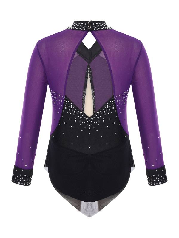 Kids Girls Long Sleeve Rhinestones Color Block Mesh Figure Skating Leotard thumb