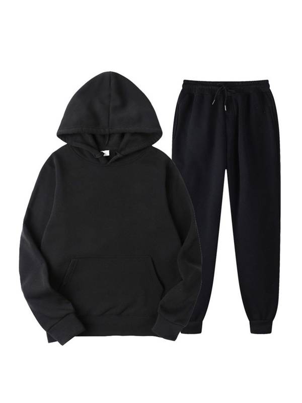 Men 2pcs Solid Color Long Sleeve Hooded Sweatshirt and Sweatpants Sports Set thumb