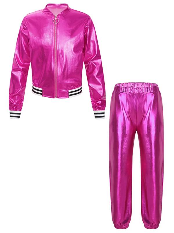 Kids Girls Metallic Zipper Jacket and Pants Sport Sets thumb