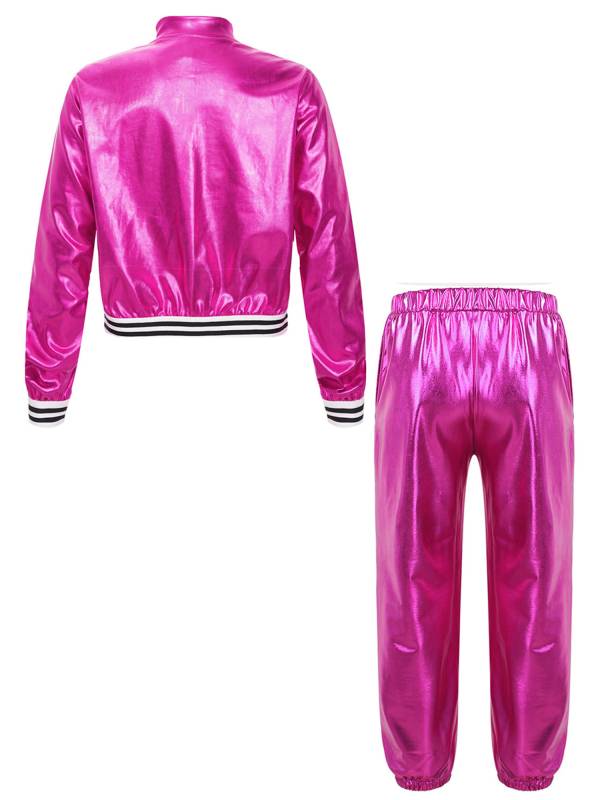 Kids Girls Metallic Zipper Jacket and Pants Sport Sets thumb