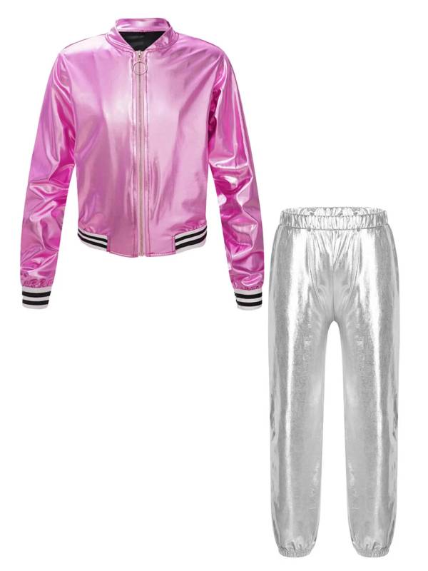 Kids Girls Metallic Zipper Jacket and Pants Sport Sets thumb