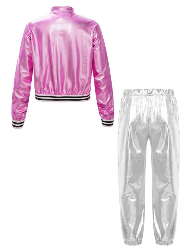 Kids Girls Metallic Zipper Jacket and Pants Sport Sets thumb