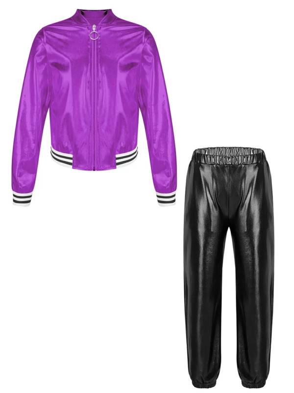 Kids Girls Metallic Zipper Jacket and Pants Sport Sets thumb